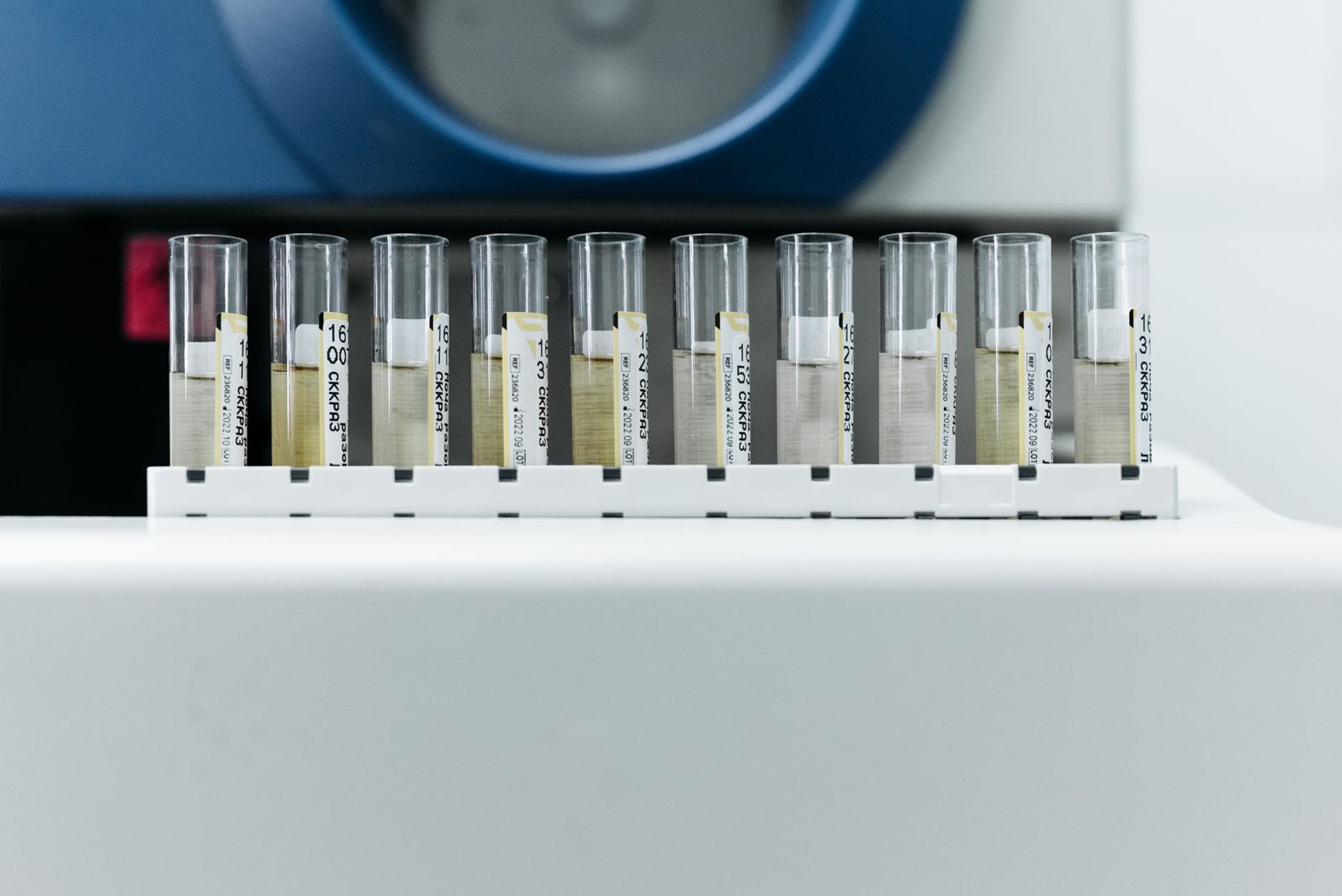 A rack of labelled sample tubes ready for on-site lab work
